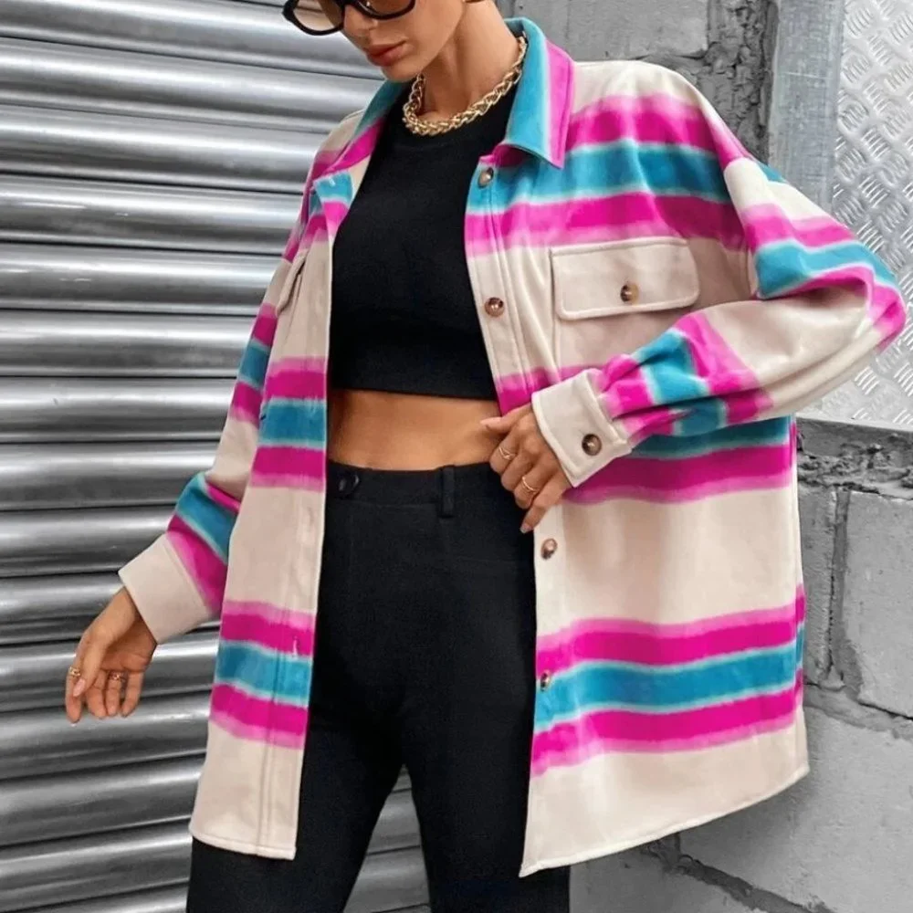 Striped Print Button down Shacket shirt jacket Coat - Picture 1 of 6